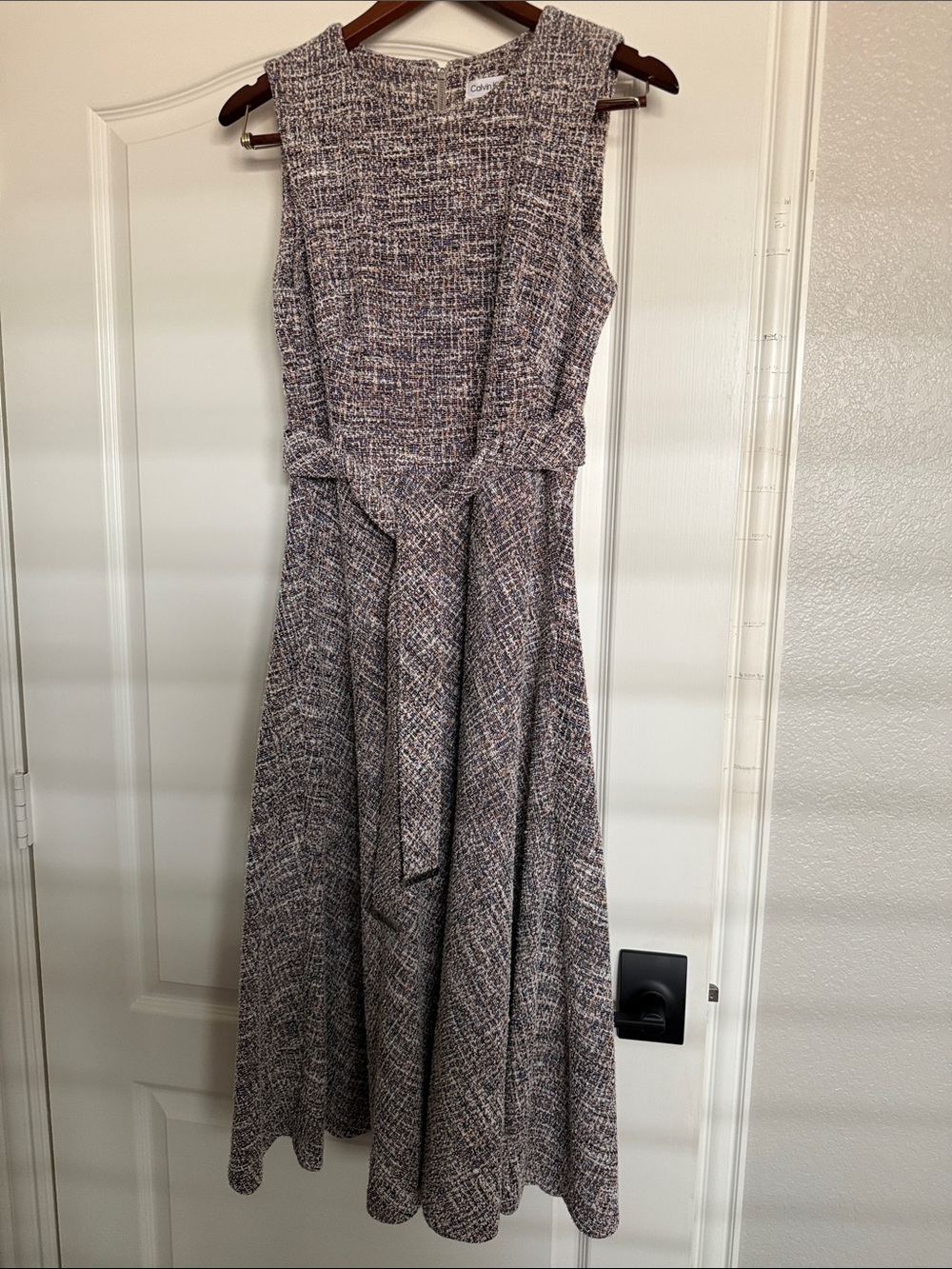 Calvin Klein Tweed Midi Dress in Neutral Gray and Cream